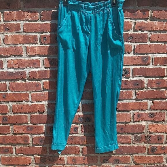 BCBG MaxAzria Bennet Ankle Pants Blue Surf Green Paper Bag Waist - Picture 2 of 7